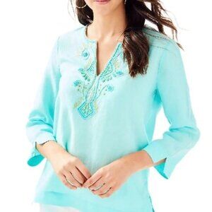 Lilly Pulitzer 100% Linen Amelia Island Tunic Beach Vacation In Seasalt Blue L